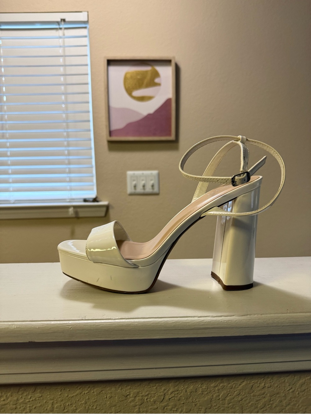 Patent Platform Block Heel Sandal with Ankle Strap - Cream